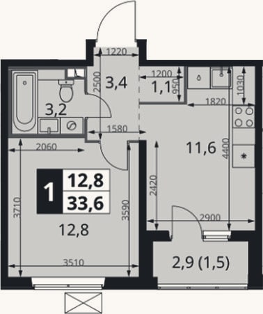 Планировка: 1-к, 32,1 м²