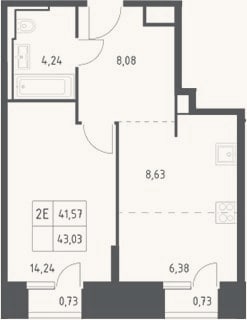 Планировка: 2-к, 41,6 м²