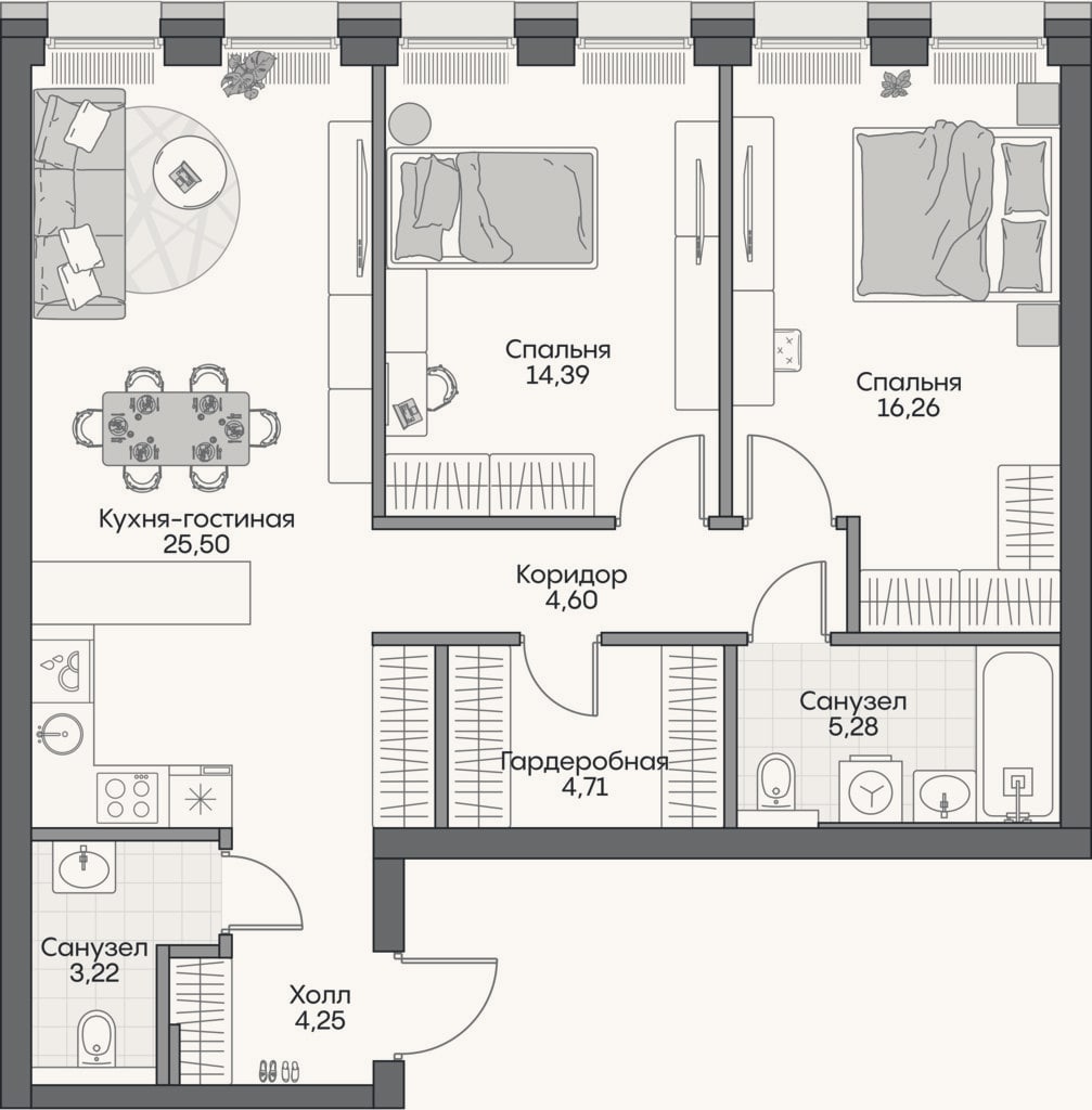 Планировка: 3-к, 75,6 м²
