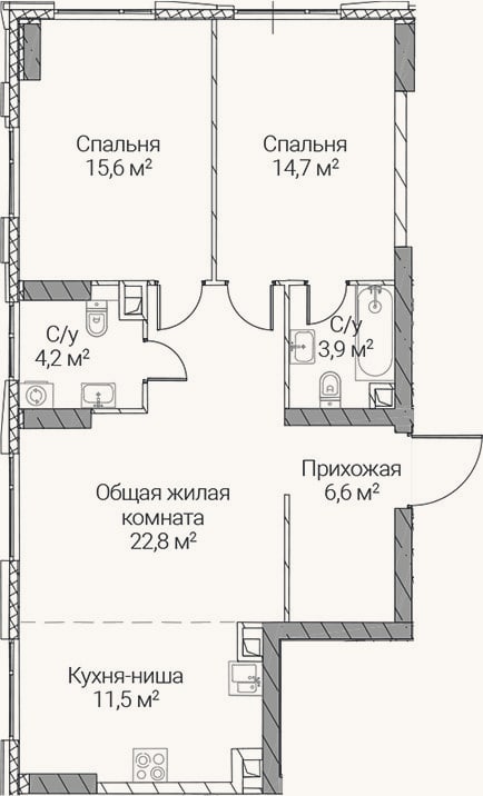 Планировка: 3-к, 79,3 м²