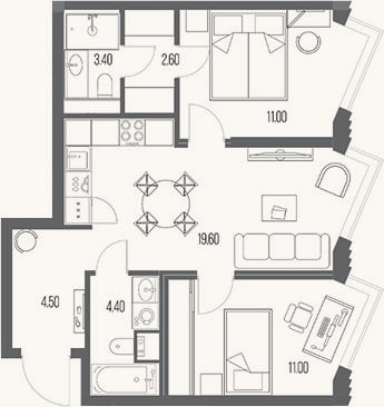 Планировка: 2-к, 56,5 м²