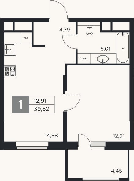 Планировка: 1-к, 37,3 м²