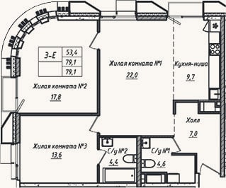 Планировка: 3-к, 79,1 м²