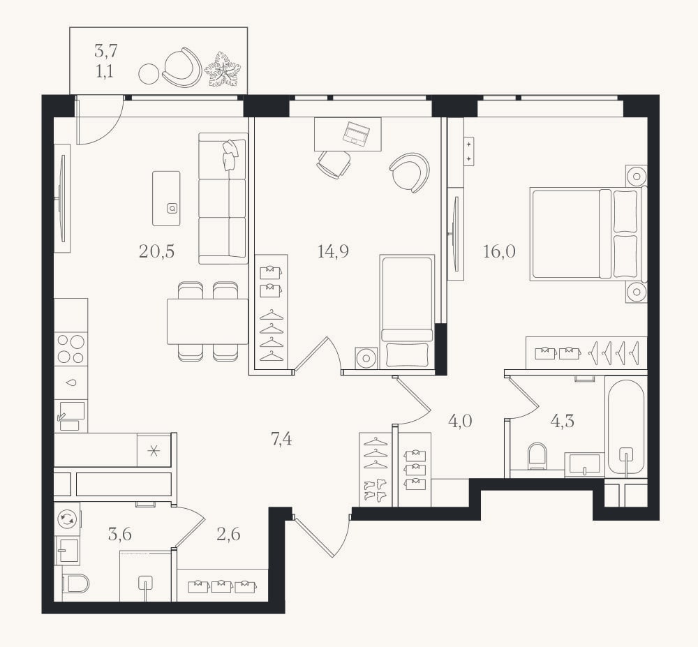 Планировка: 2-к, 73,3 м²
