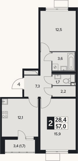 Планировка: 2-к, 55,3 м²
