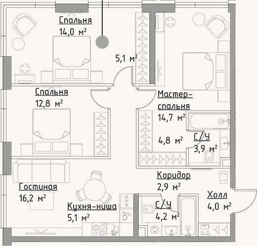 Планировка: 4+ к, 87,7 м²