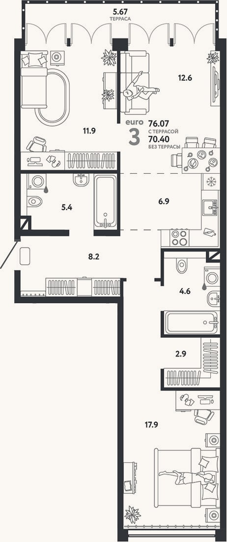 Планировка: 3-к, 70,4 м²