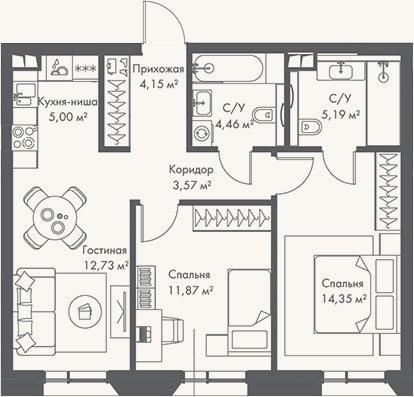 Планировка: 3-к, 61,3 м²