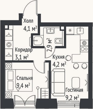 Планировка: 2-к, 32,9 м²