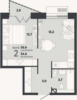 Планировка: 2-к, 34,6 м²