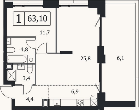 Планировка: 2-к, 57 м²