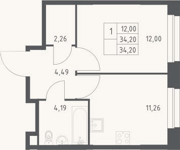 Планировка: 1-к, 34,2 м²