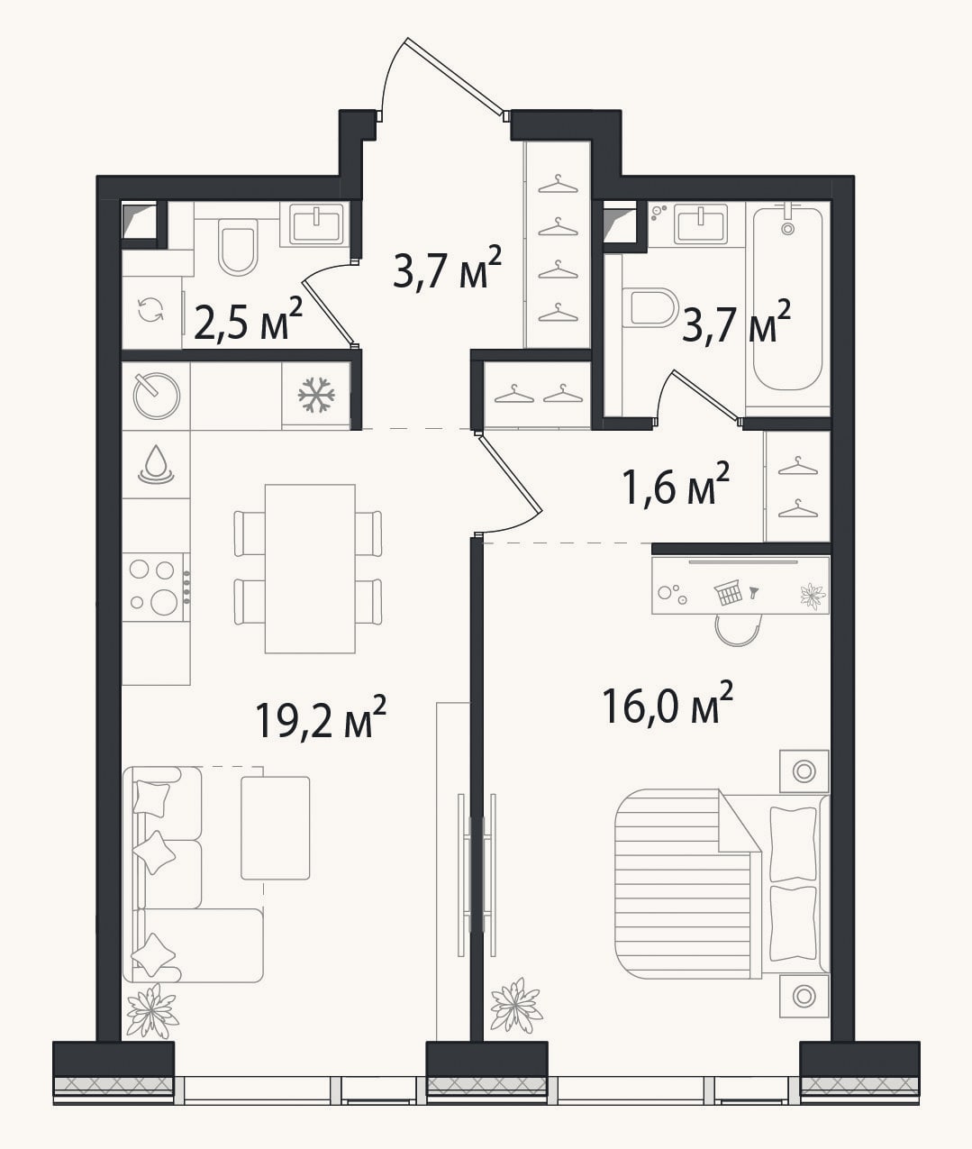 Планировка: 1-к, 46,7 м²
