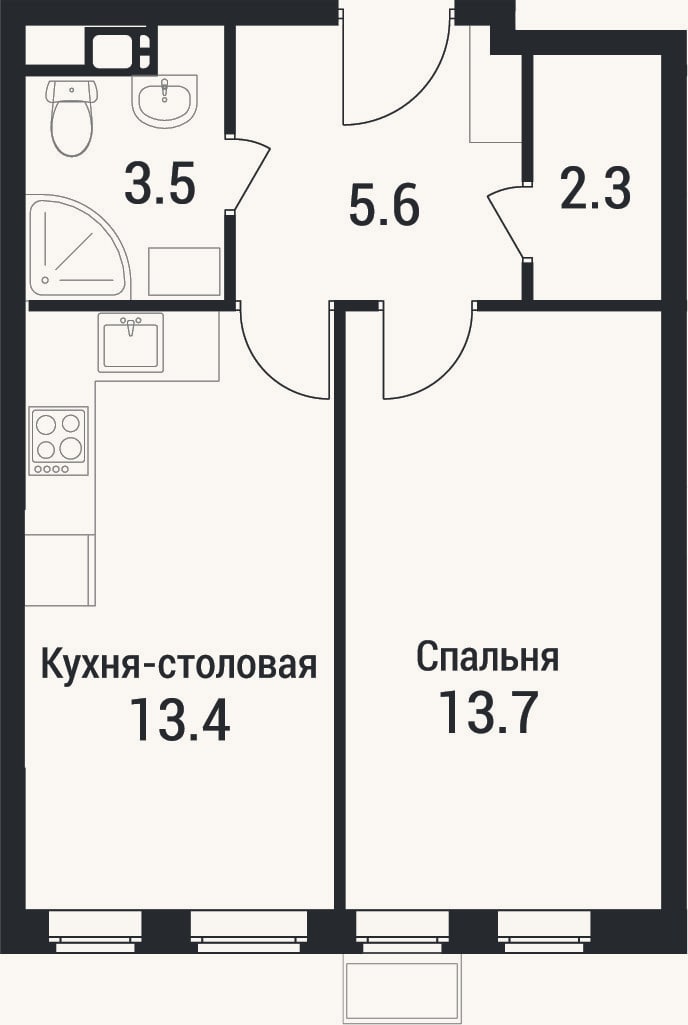 Планировка: 1-к, 38,5 м²