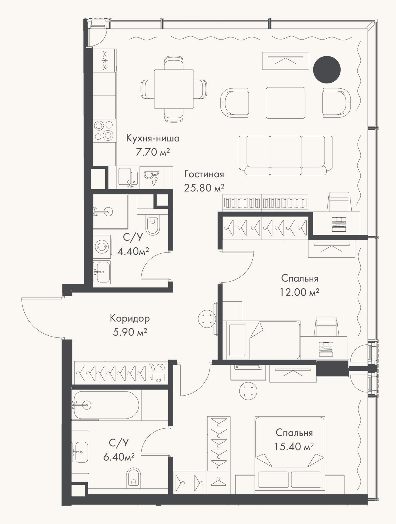 Планировка: 3-к, 77,6 м²