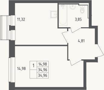 Планировка: 1-к, 35 м²