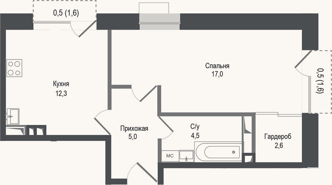 Планировка: 1-к, 41,4 м²