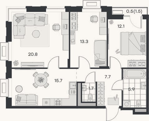 Планировка: 3-к, 77,2 м²