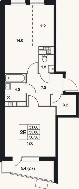 Планировка: 2-к, 53,6 м²
