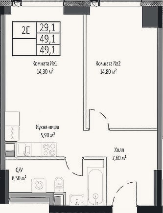 Планировка: 2-к, 49,1 м²