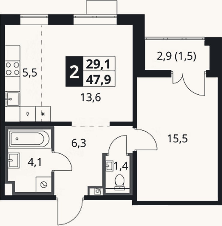 Планировка: 2-к, 46,4 м²