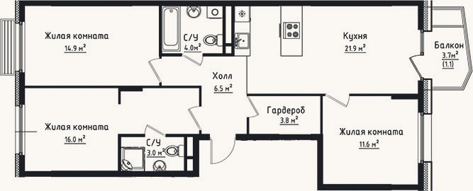 Планировка: 3-к, 81,7 м²