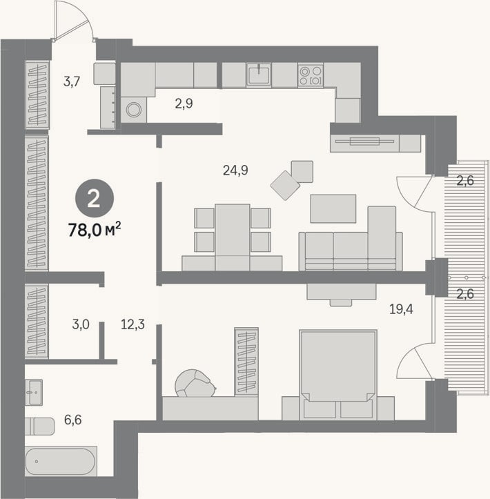 Планировка: 2-к, 72,8 м²