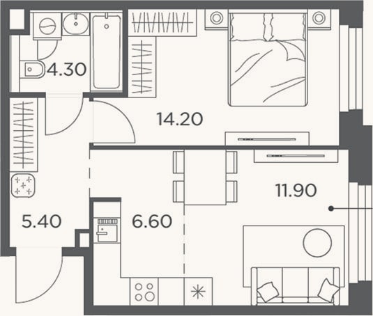 Планировка: 2-к, 44 м²