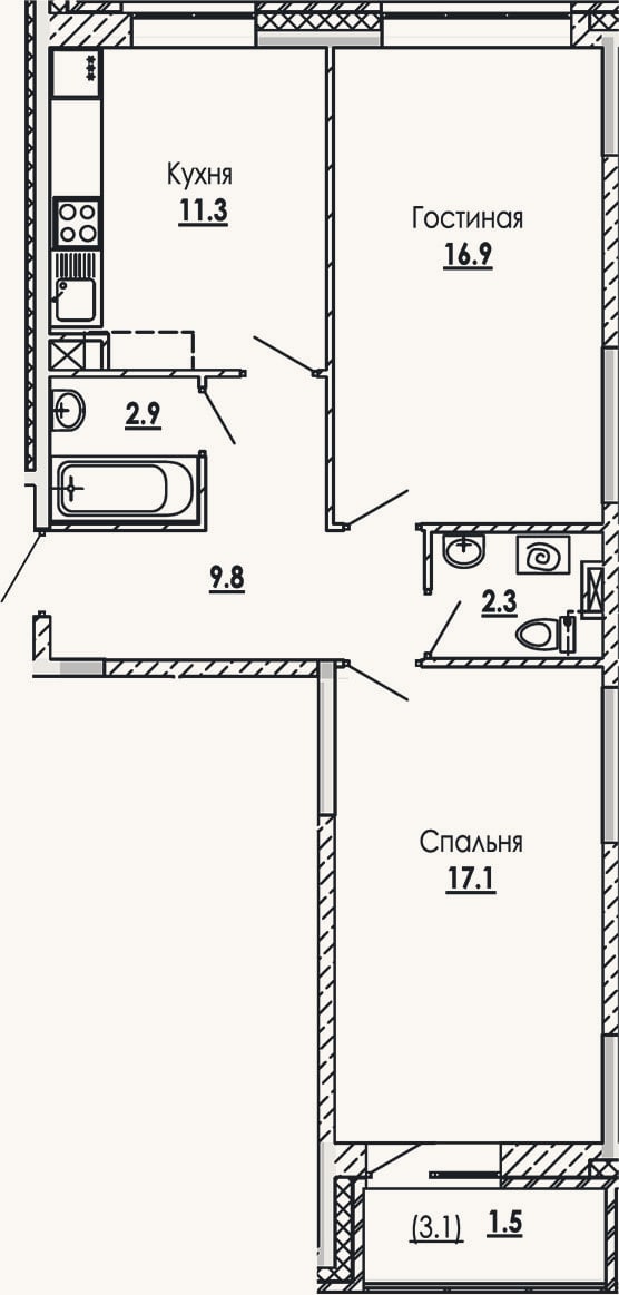 Планировка: 2-к, 60,3 м²