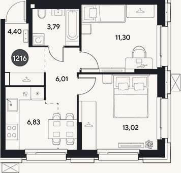 Планировка: 2-к, 45,4 м²