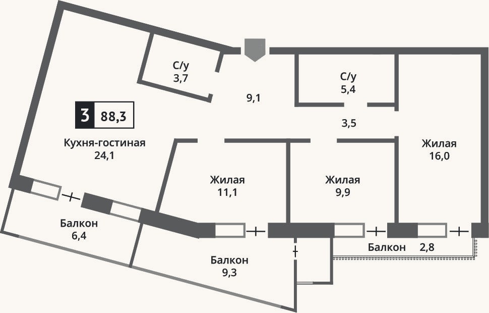 Планировка: 4+ к, 82,7 м²