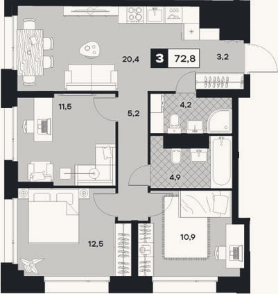 Планировка: 3-к, 72,8 м²