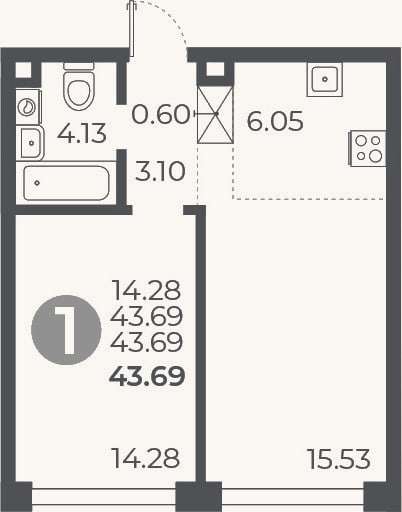 Планировка: 1-к, 43,7 м²
