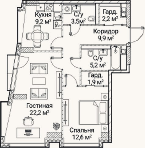Планировка: 2-к, 67,2 м²