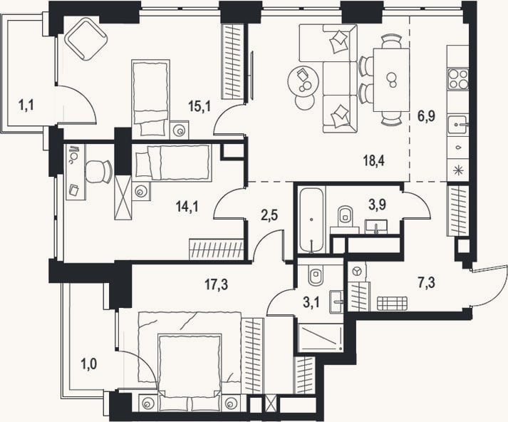 Планировка: 4+ к, 88,6 м²