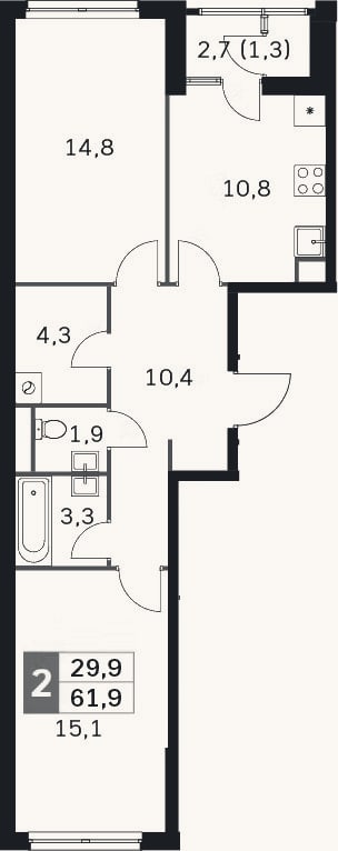 Планировка: 2-к, 59,2 м²