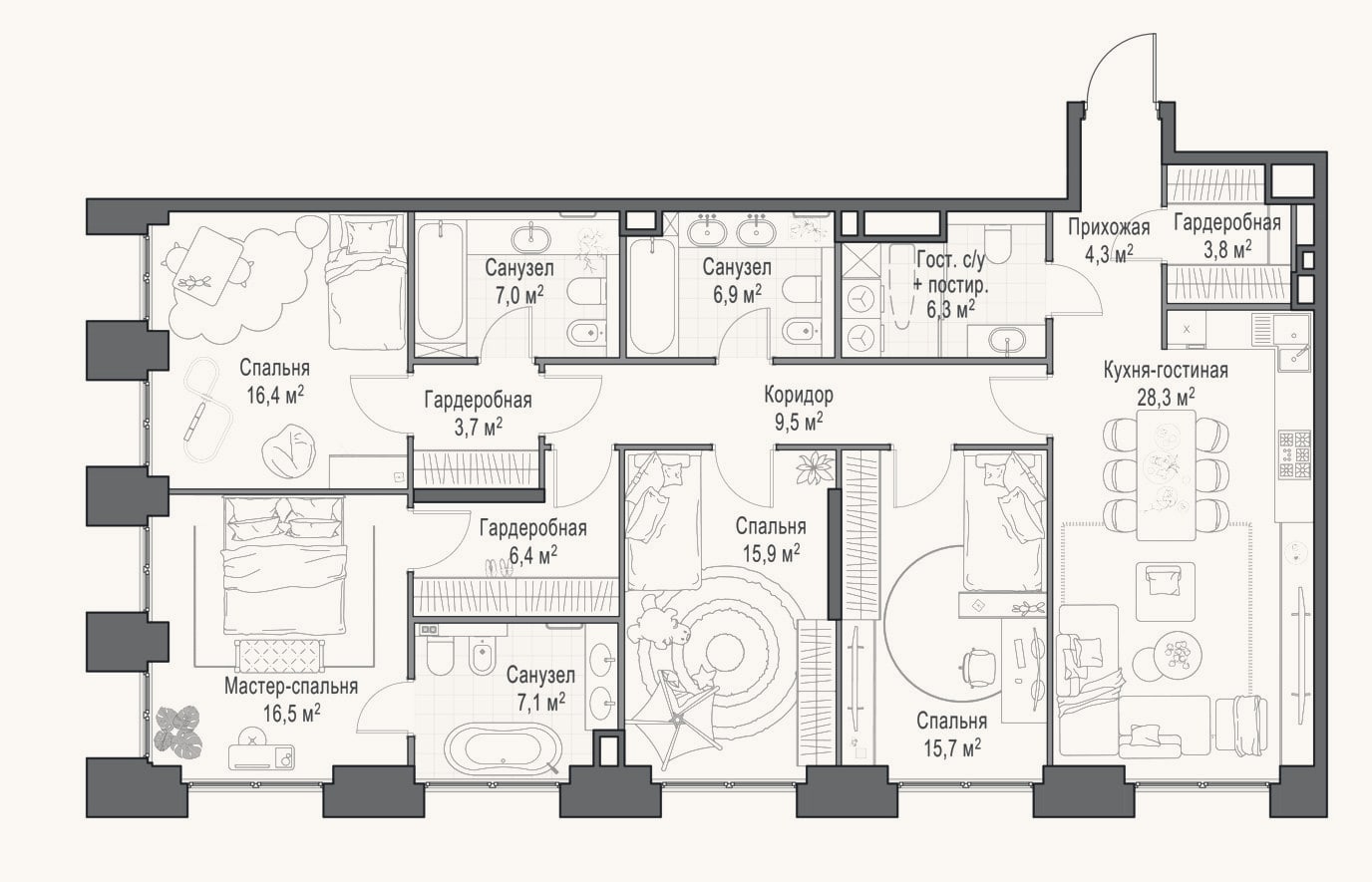 Планировка: 4+ к, 149,5 м²