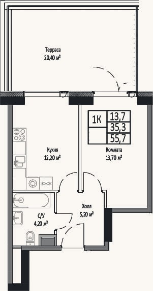 Планировка: 1-к, 35,3 м²