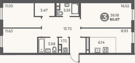 Планировка: 3-к, 80,7 м²