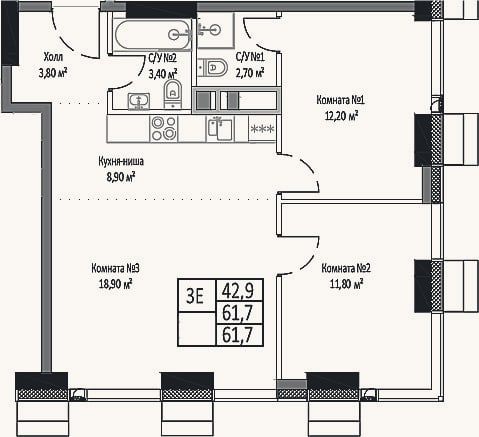 Планировка: 3-к, 61,7 м²