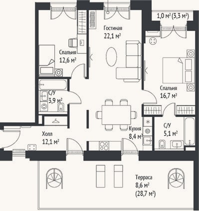 Планировка: 3-к, 80,7 м²