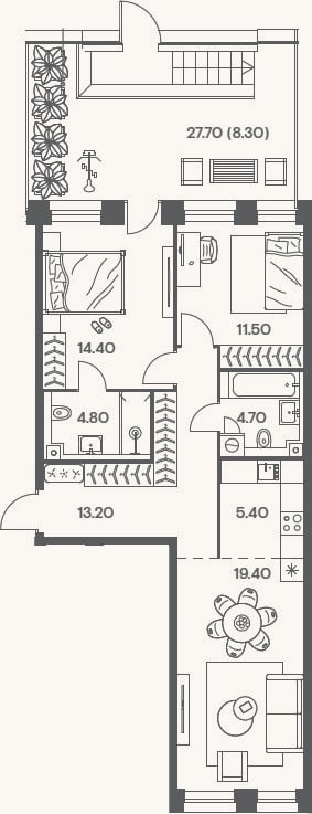 Планировка: 3-к, 73,4 м²