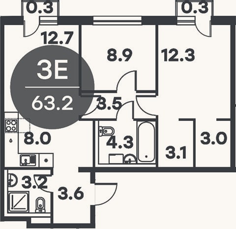 Планировка: 3-к, 62,6 м²