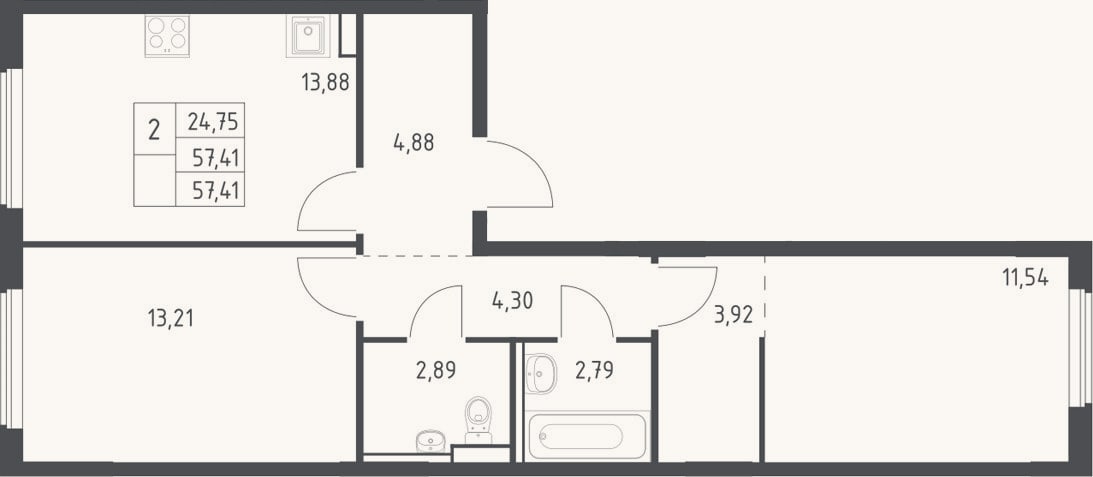 Планировка: 2-к, 57,4 м²