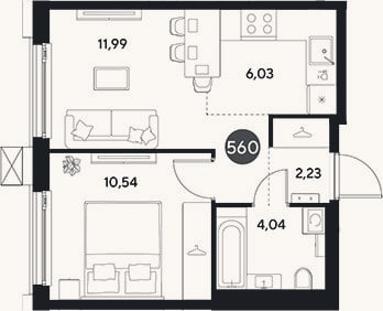 Планировка: 2-к, 34,8 м²