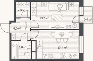 Планировка: 1-к, 37,1 м²