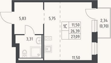Планировка: Студия, 26,4 м²