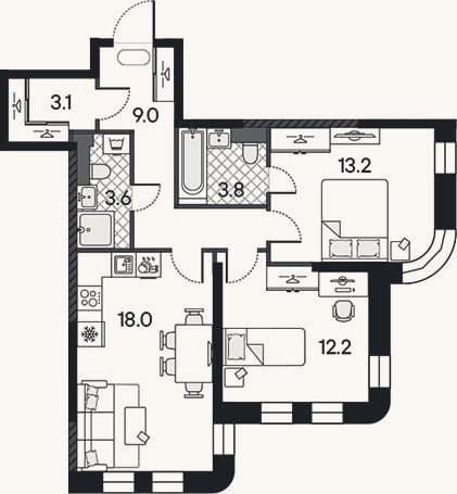 Планировка: 3-к, 62,9 м²