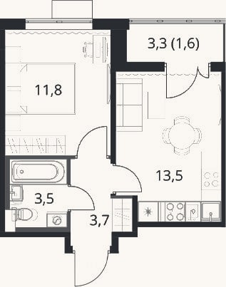 Планировка: 1-к, 32,5 м²