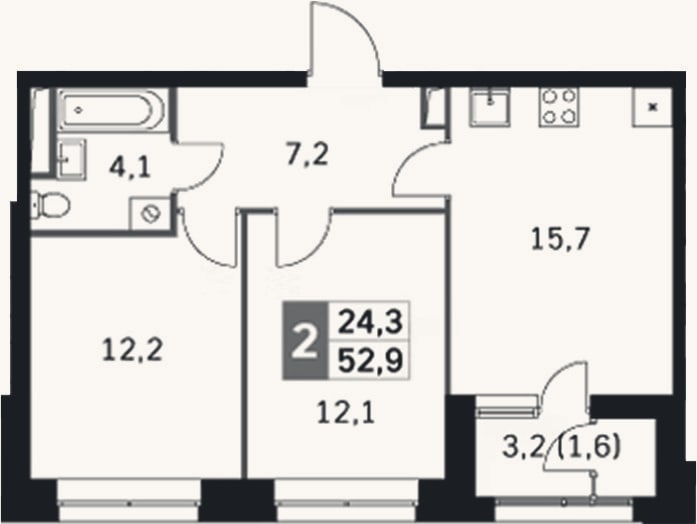 Планировка: 3-к, 51,3 м²